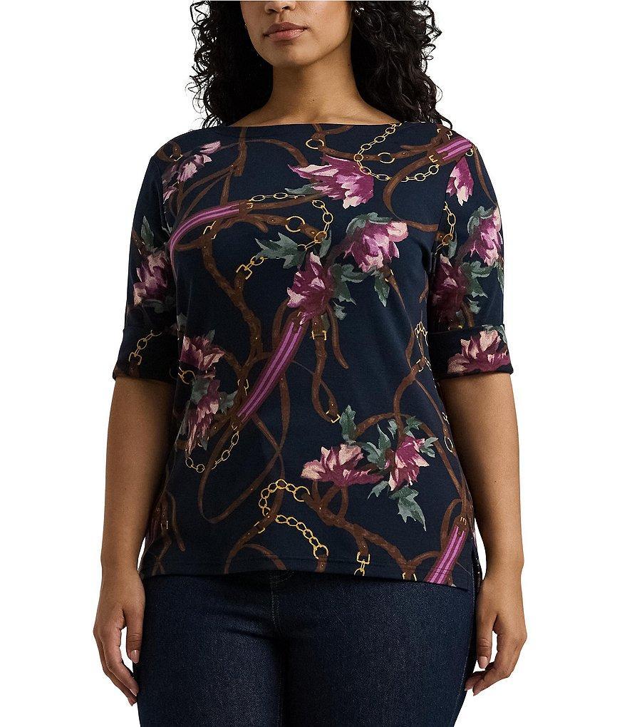 Lauren Ralph Lauren Plus Size Equestrian-Inspired Floral Print Boat Neck Elbow Length Sleeve Tee Shirt Product Image