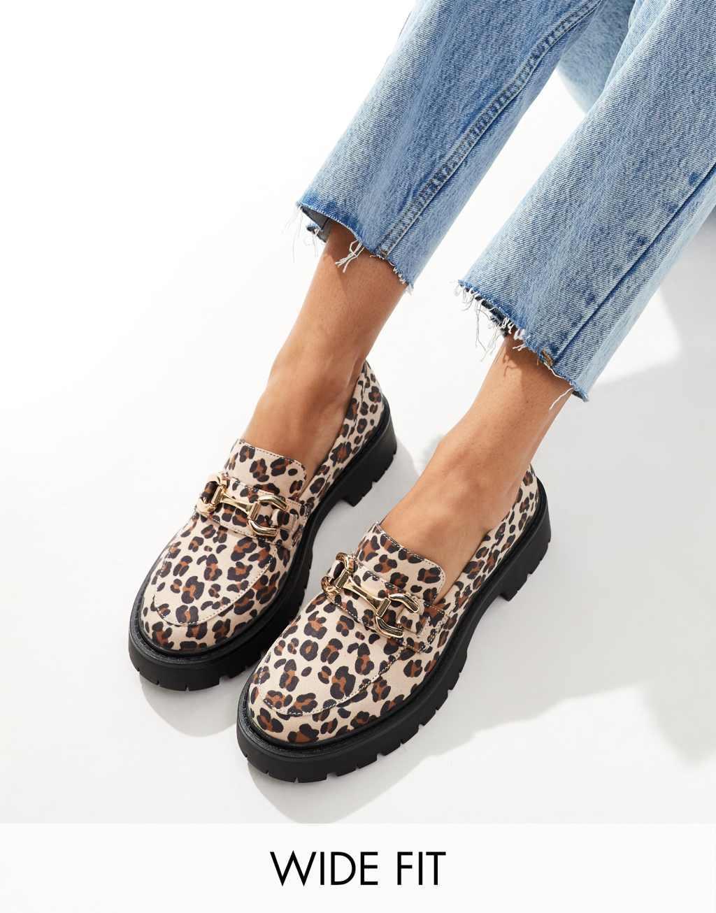 London Rebel Perdy wide fit metal trim chunky loafers in leopard Product Image