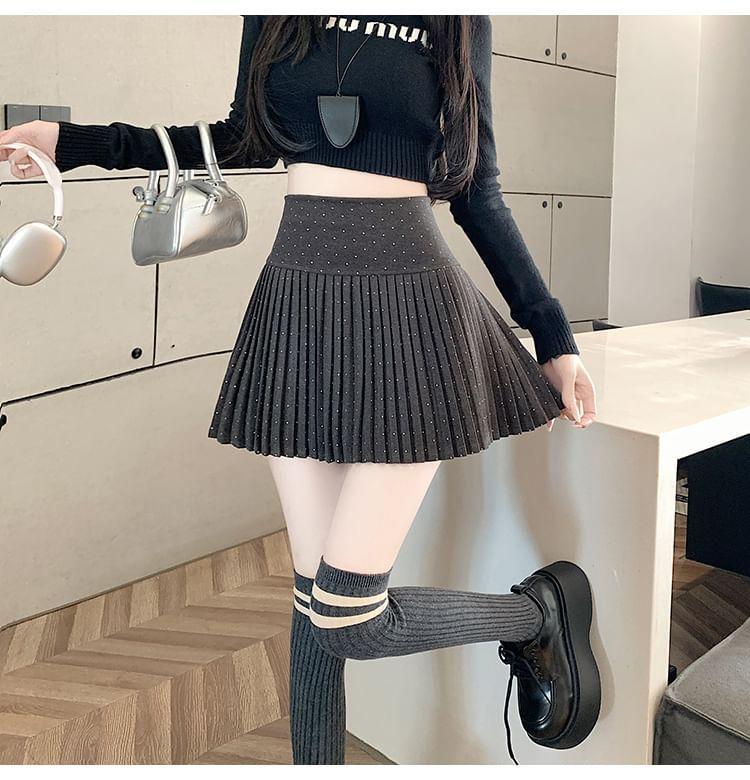 High Rise Dotted Accordion Pleated Mini A-Line Skirt Product Image