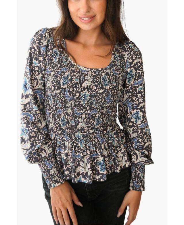 Paneros Clothing Womens Long Sleeve Smock Stella Top Navy floral print Product Image