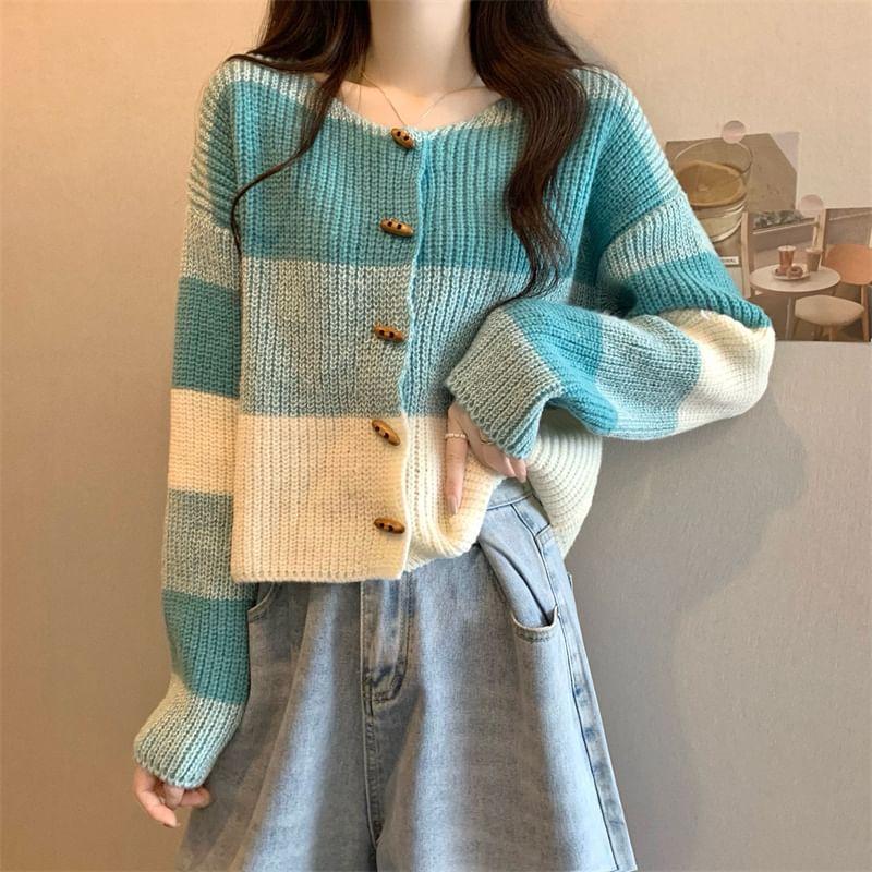 Round Neck Color Block Toggle Cardigan Product Image