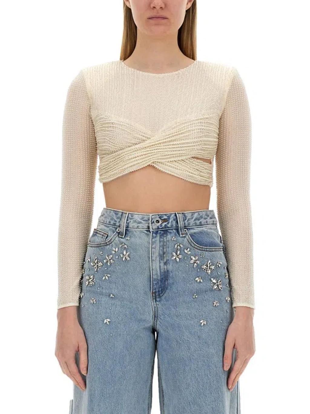 Beaded Mesh Crossover Strap Cropped Top In Beige Product Image