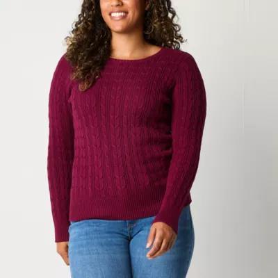 St. John's Bay Womens Crew Neck Long Sleeve Cable Knit Pullover Sweater Product Image