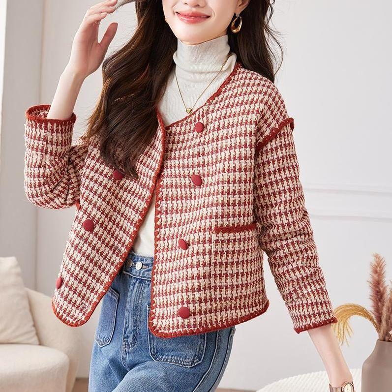 Round Neck Houndstooth Double Breasted Cropped Tweed Jacket Product Image