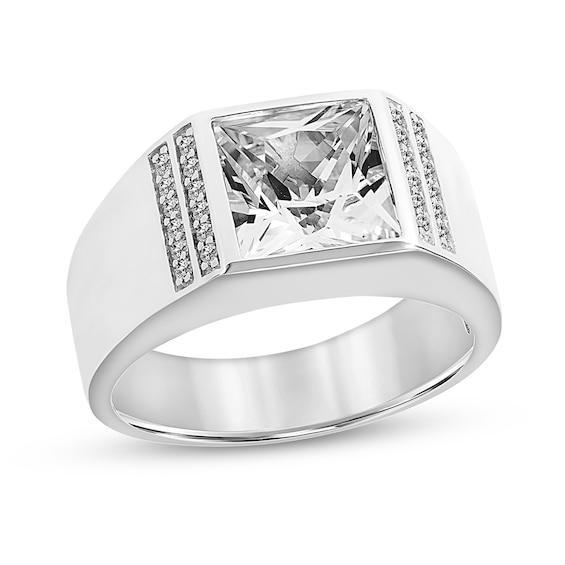 Men's 9.0mm Square-Cut White Lab-Created Sapphire Side Accent Wedding Band in Sterling Silver Product Image