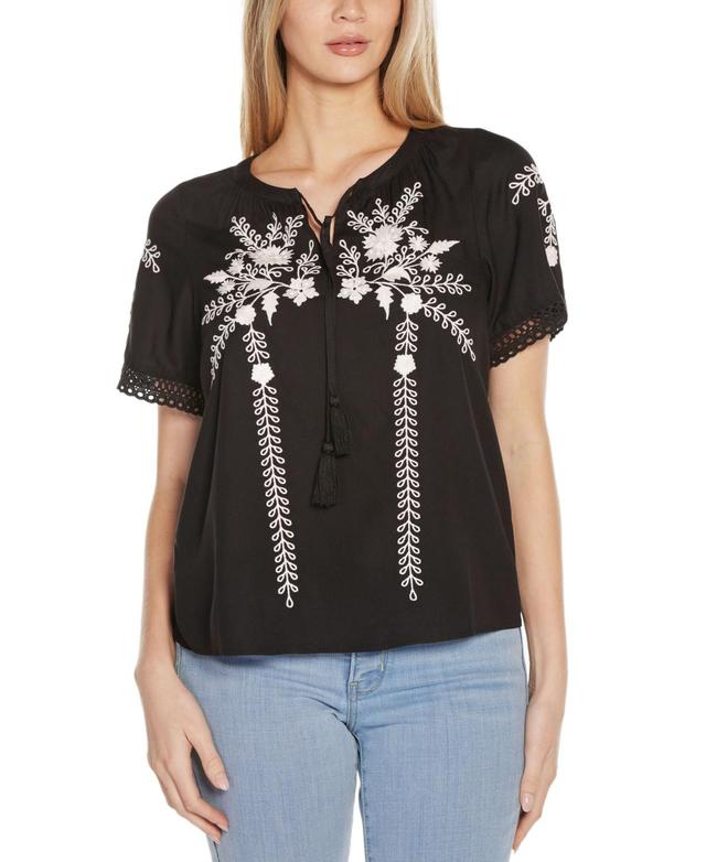 Belldini Womens Embroidered Tie-Neck Peasant Top - Black Product Image