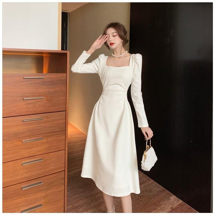 Long Sleeve Square Neck Plain Midi Dress Product Image