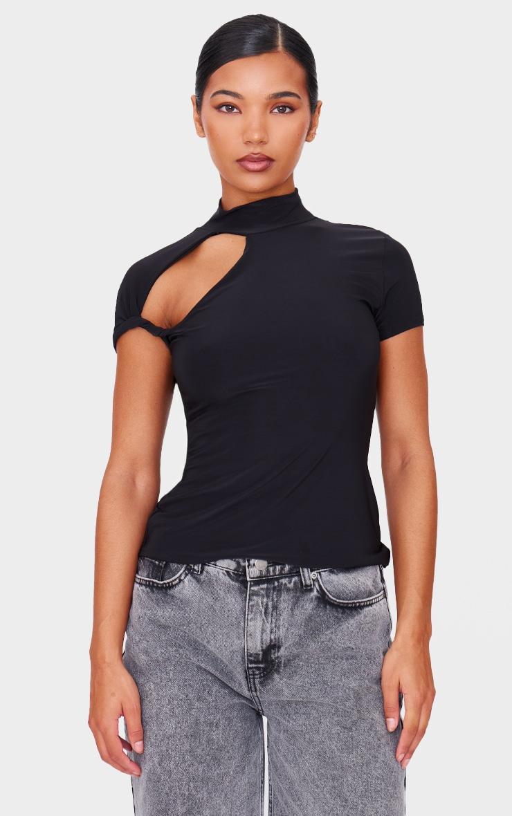 Black Slinky High Neck Cut Out Detail Longline Top Product Image