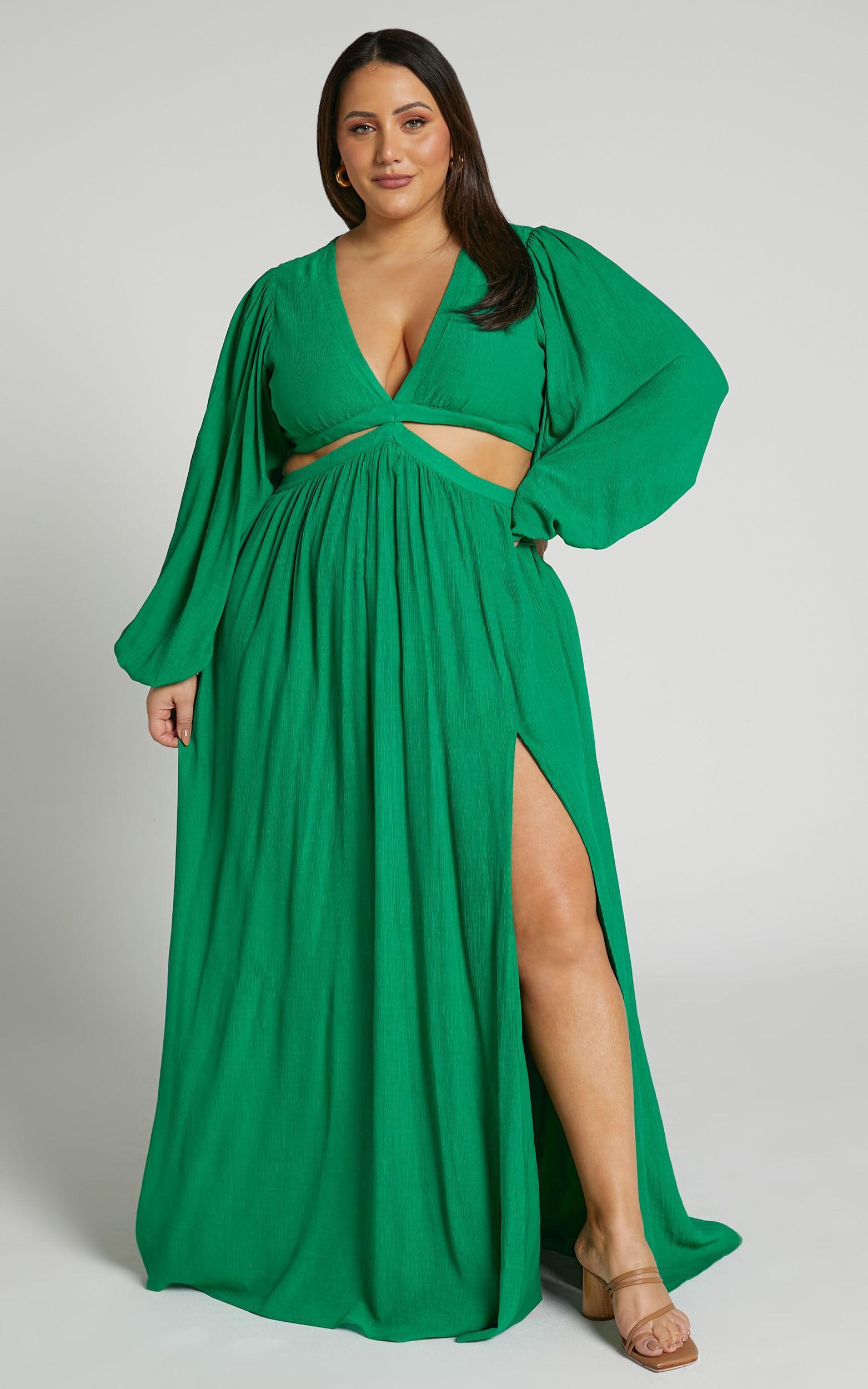 Paige Maxi Dress - Side Cut Out Balloon Sleeve Dress in Green Product Image