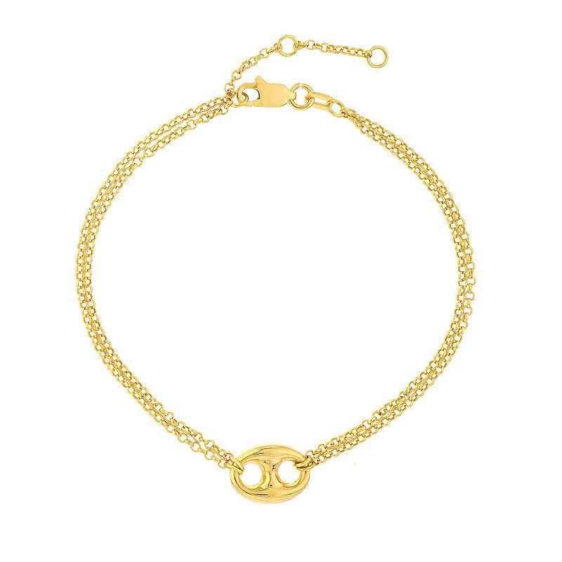 14k Gold Puffed Double Mariner Chain Link Adjustable Bracelet, Womens Product Image