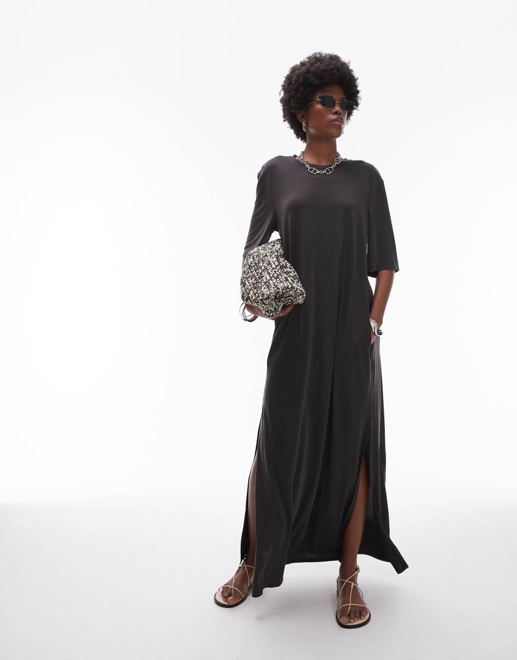 Topshop cupro oversized T-shirt midi dress in charcoal Product Image