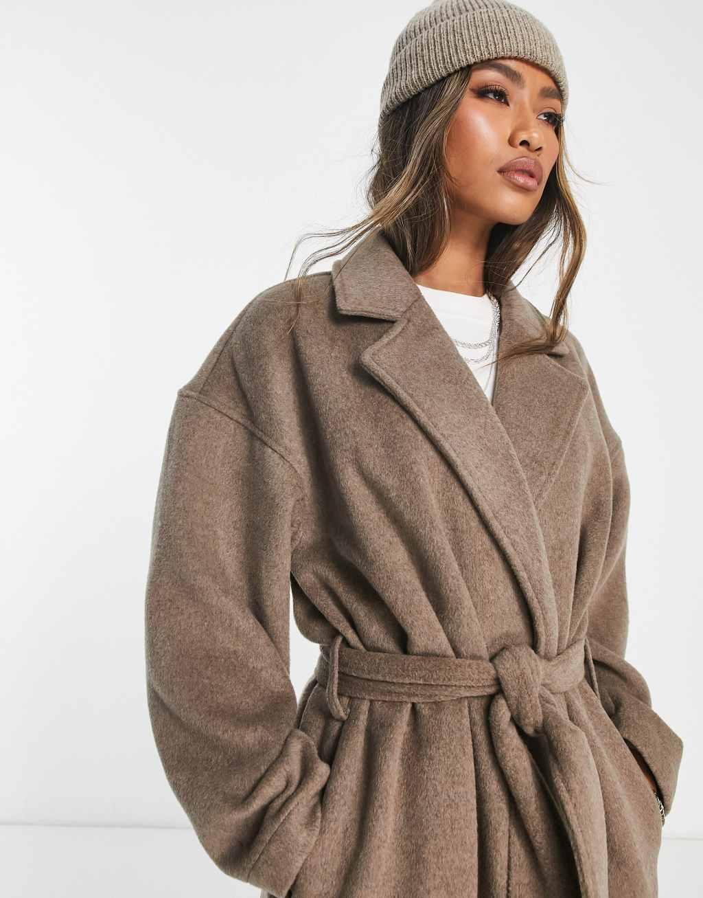 Object wool blend belted coat in oatmeal  Product Image