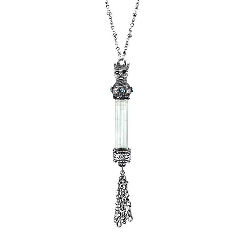 1928 Jewelry Pewter Filigree Blue Crystal Cat Motif Vial Tassel Pendant Necklace, Womens Product Image