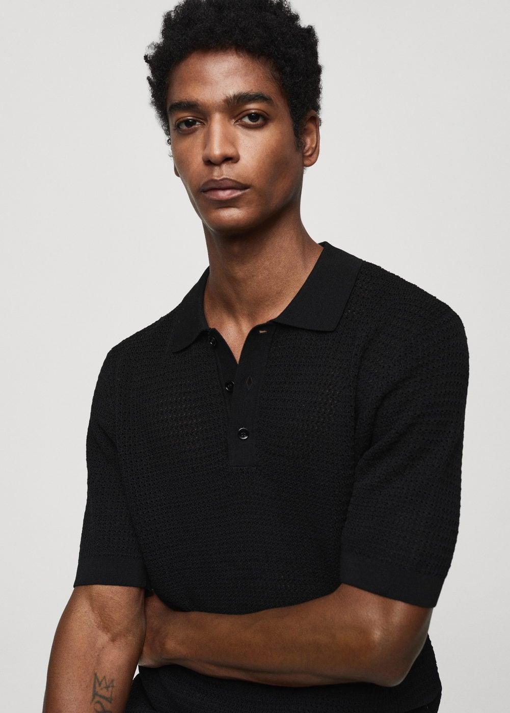 MANGO MAN - Openwork knit polo blackMen Product Image