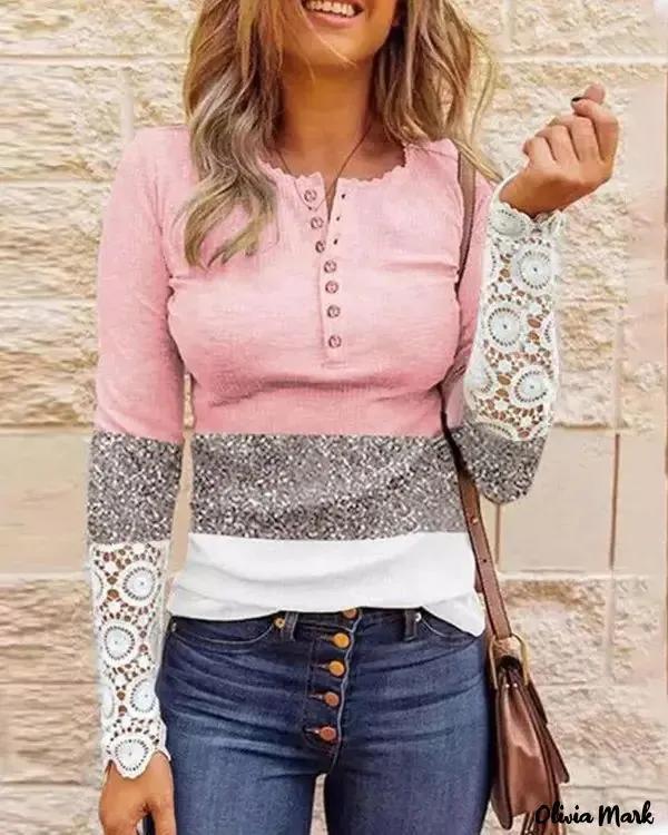 Olivia Mark – Color Block Contrast Lace Long Sleeve Top Product Image