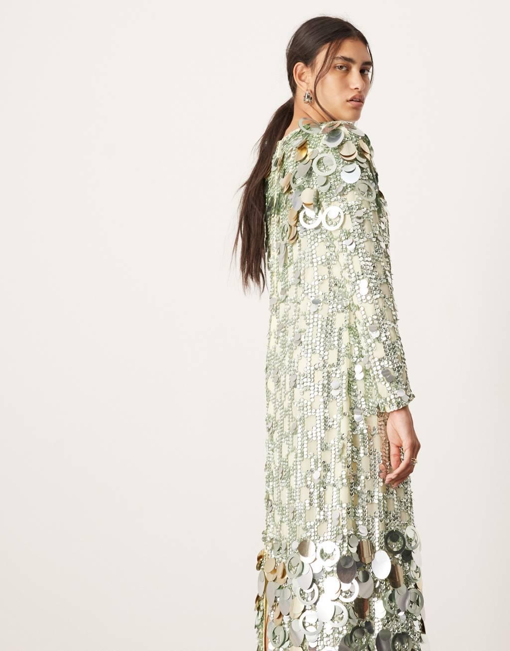 ASOS EDITION stacked multi sequin long sleeve column midaxi dress in green Product Image