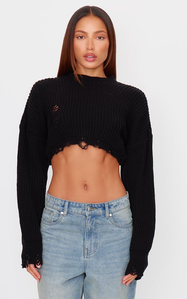 Black Chunky Knit Distressed Hem Crop Sweater Product Image