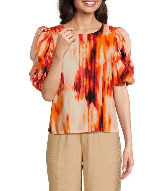 DKNY Printed Satin Crew Neck Short Sleeve Blouse Product Image