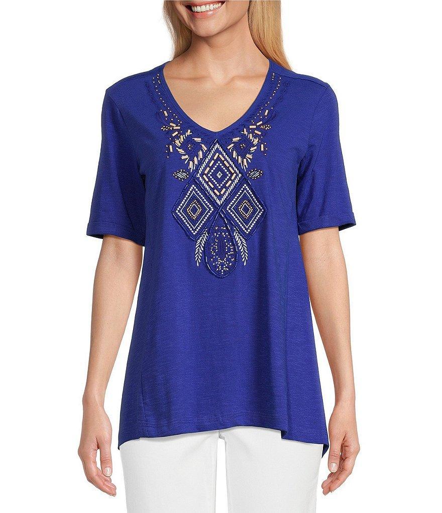 Intro Petite Size Cotton Slub Jersey Knit Beaded Embellished Front Detail V-Neck Short Sleeve Top Product Image