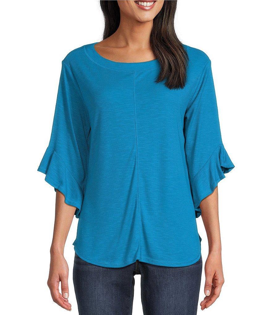 Westbound Knit 3/4 Ruffle Sleeve Crew Neck Pullover Top Product Image