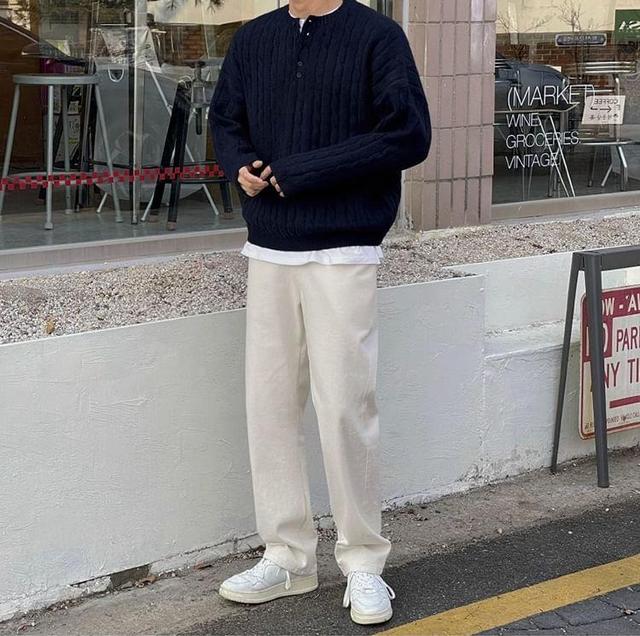 Long-Sleeve Plain Henley Cable Knit Sweater Product Image