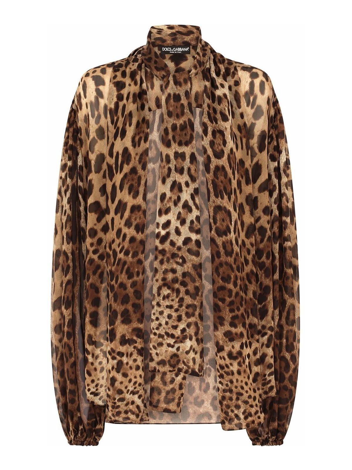 DOLCE & GABBANA Leopard-print Silk Pussy-bow Blouse In Beige Product Image