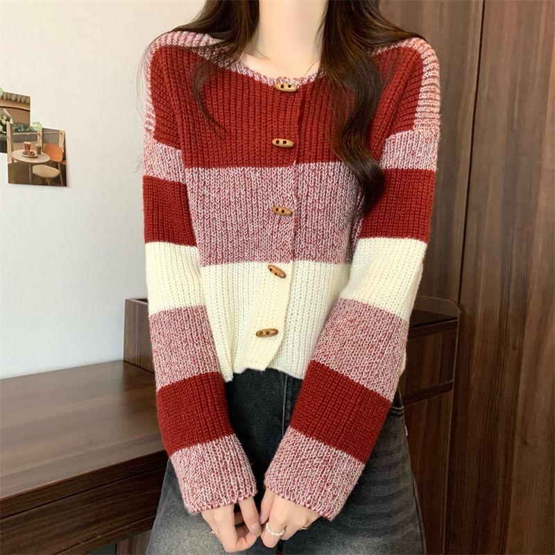 Round Neck Color Block Toggle Cardigan Product Image