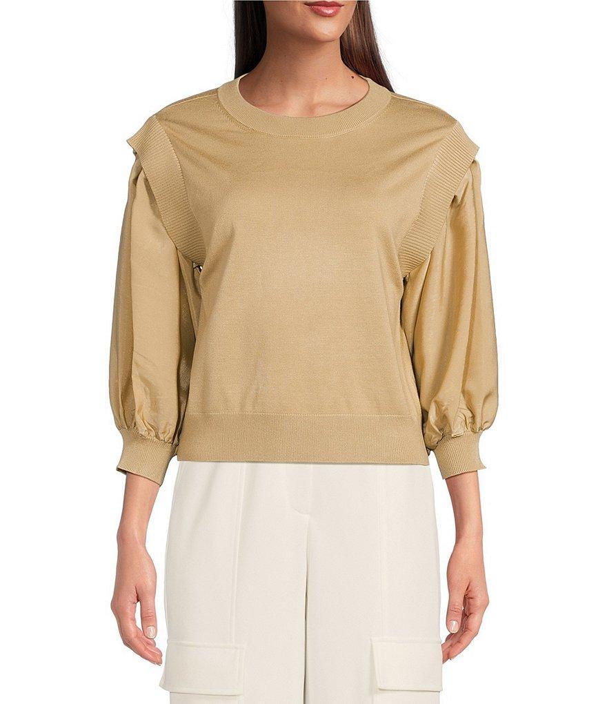 DKNY by Donna Karan Knit Satin Mixed Media Crew Neck 3/4 Sleeve Blouse Product Image