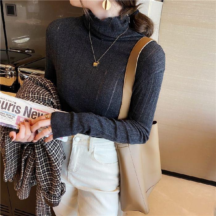 Turtleneck Plain Ribbed Knit Sweater Product Image