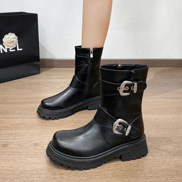 Faux Leather Buckled Platform Short Boots Product Image