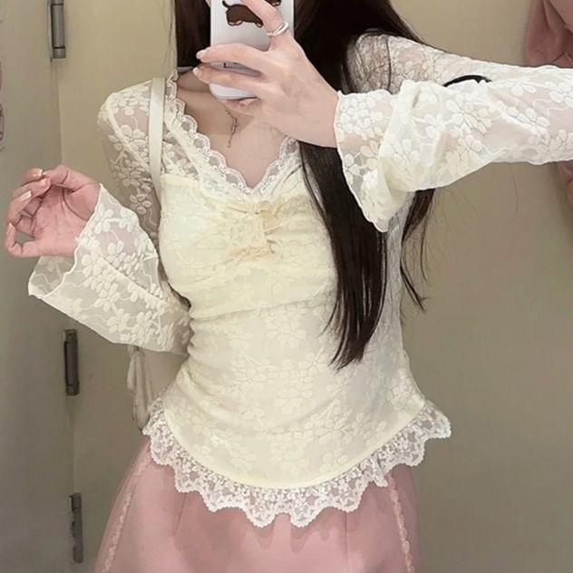 Long-Sleeve V-Neck Lace Crop Top product image