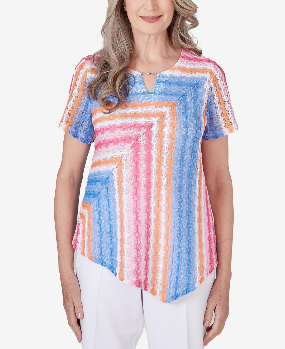 Alfred Dunner Womens Paradise Island Short Sleeve Spliced Stripe Top Product Image