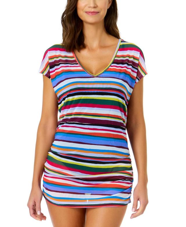 Anne Cole Womens Striped-Mesh V-Neck Cover-Up Tee Product Image