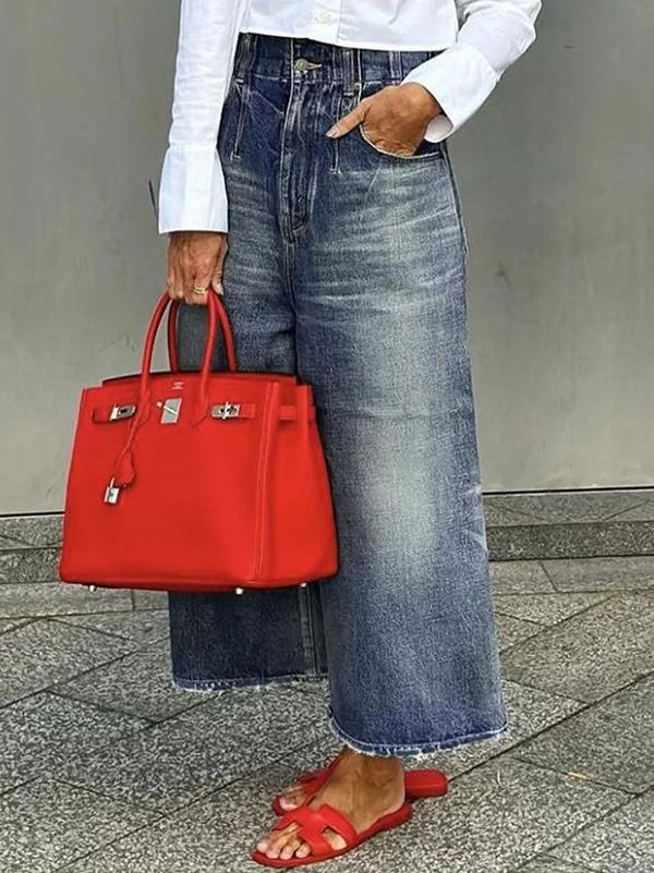 Loose Wide Leg Buttoned Fringed Pockets Jean Pants Bottoms Product Image