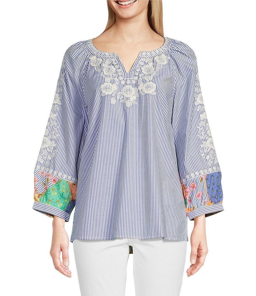 John Mark Embroidered Stripe Print Split V Neck 3/4 Sleeve Hi-Low Hem Tunic Product Image