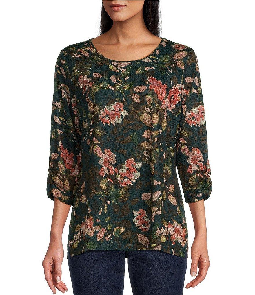 Allison Daley Leaves Print Embellished 3/4 Ruched Sleeve Crew Neck Abstract Tee Shirt Product Image