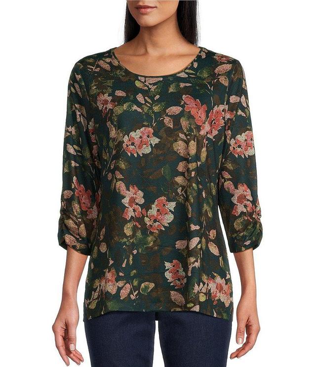 Allison Daley Petite Size Leaves Print Embellished 3/4 Ruched Sleeve Crew Neck Abstract Tee Shirt Product Image