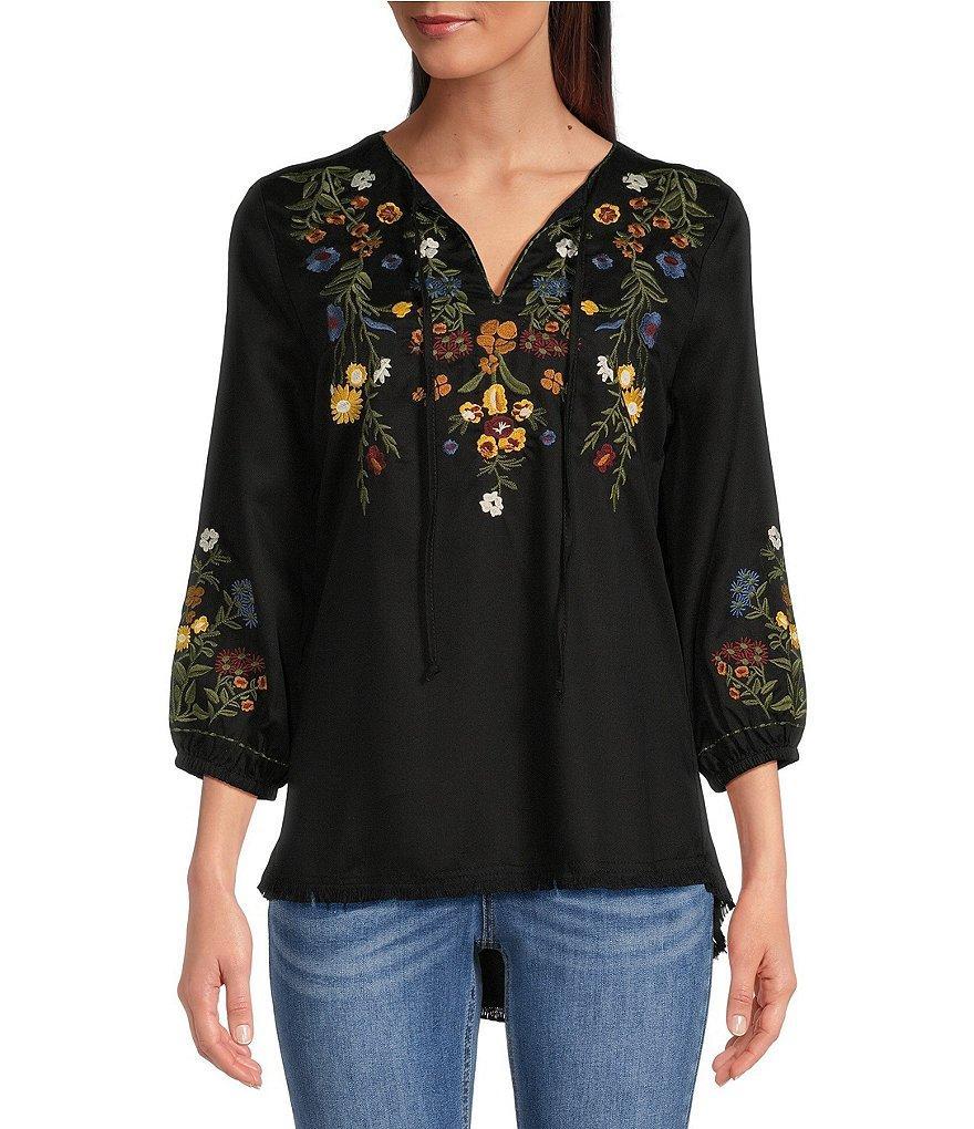 Reba 3/4 Sleeve Split V-Neck Floral Embroidered Peasant Tunic Product Image