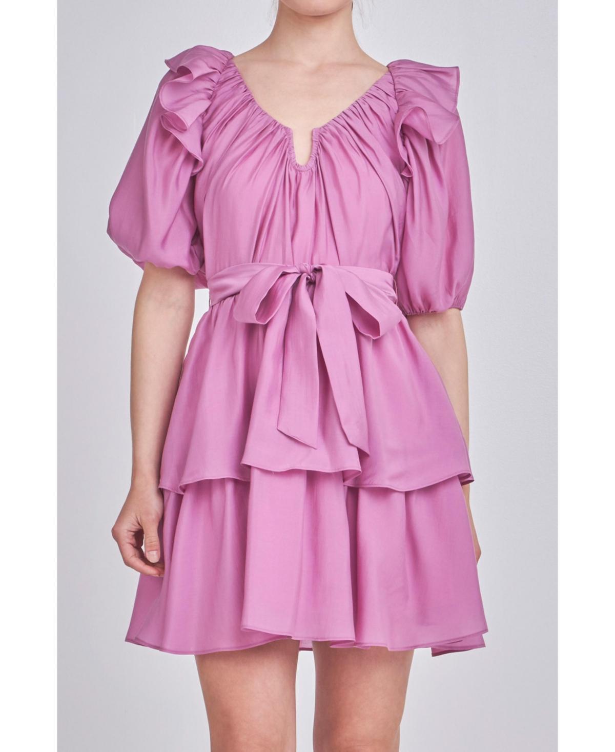 Endless Rose Ruffle Tie Waist Puff Sleeve Tiered Minidress Product Image