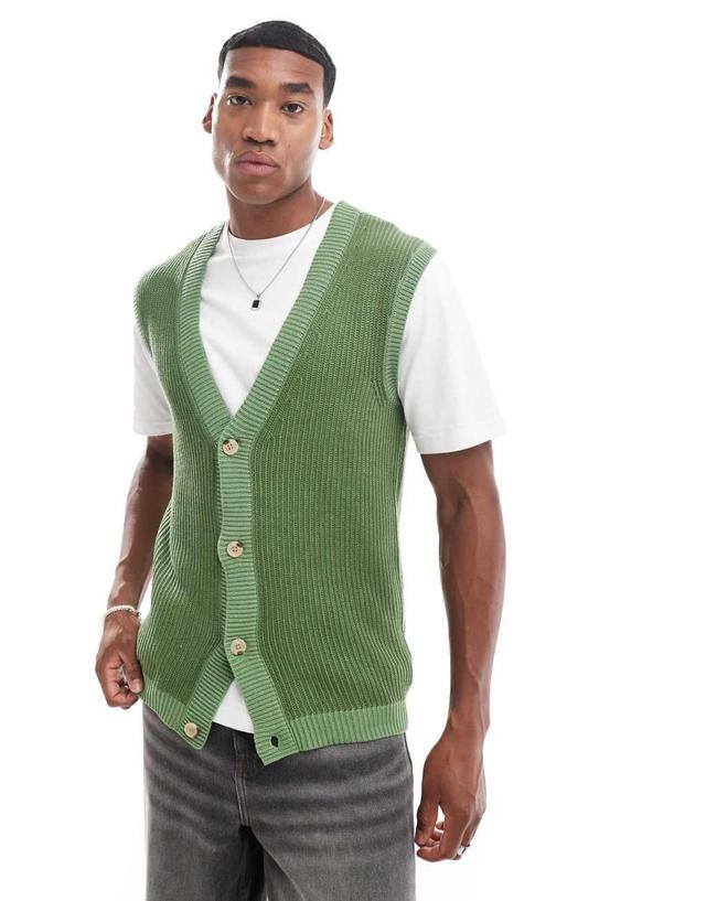 ASOS DESIGN knit button up sleeveless cardigan in green plated rib knit Product Image