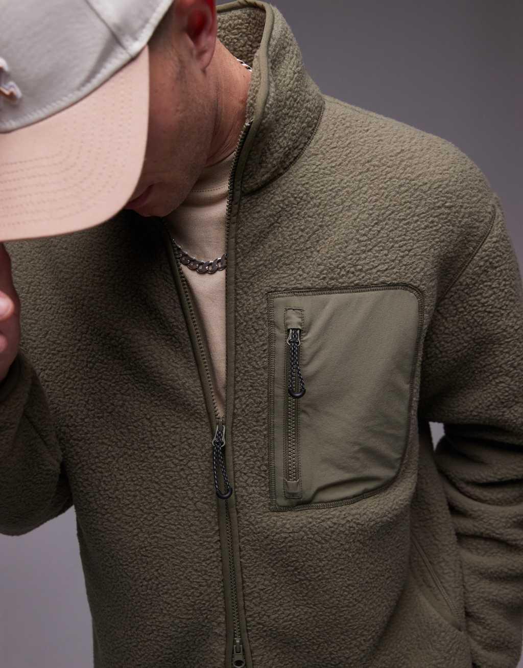 ARKET fleece pile jacket with two-way zip in khaki  Product Image