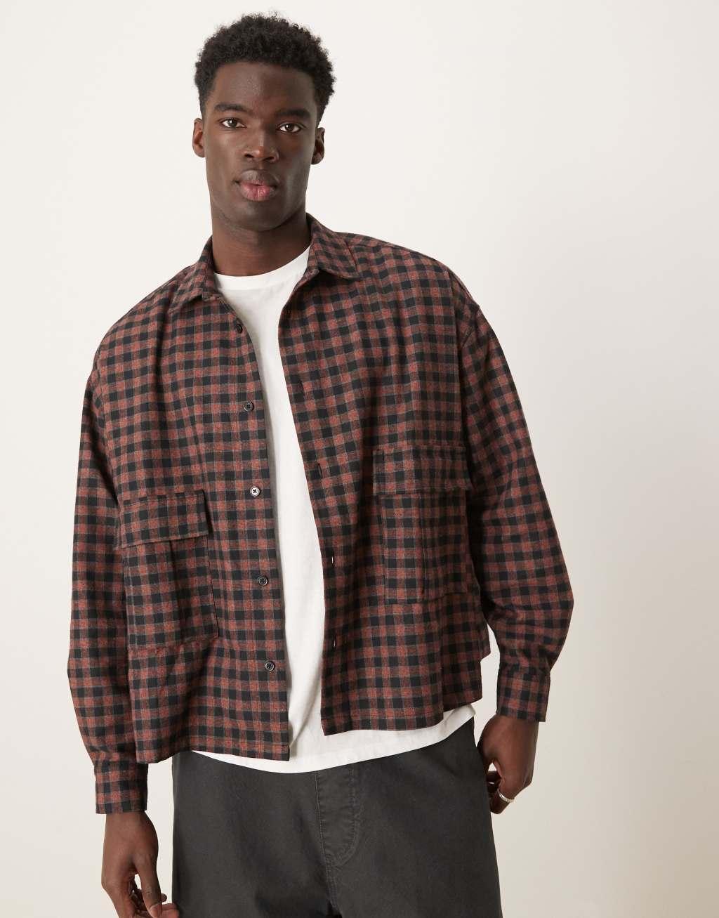 ASOS DESIGN volume oversized boxy shirt with pockets in blue check Product Image