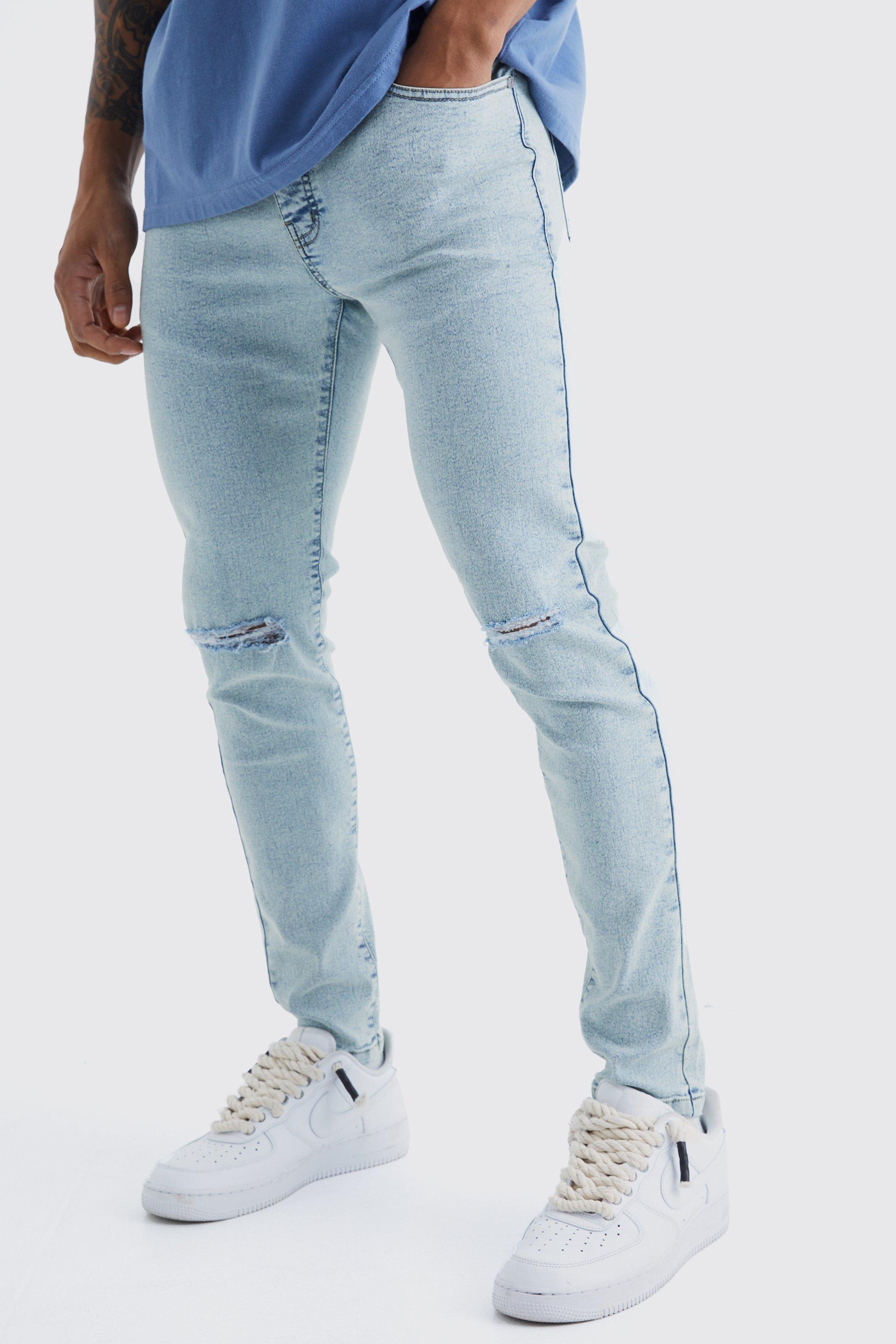 Mens Blue Skinny Jeans With Slash Knee, Blue product image