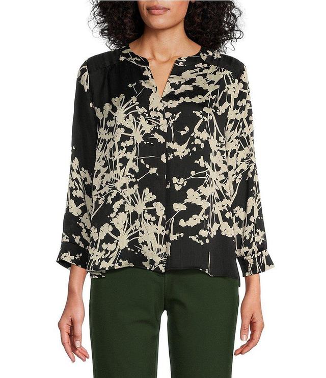 Investments Petite Size Floral Imprint Woven Inverted Pleat V-Neck 3/4 Sleeve Top Product Image