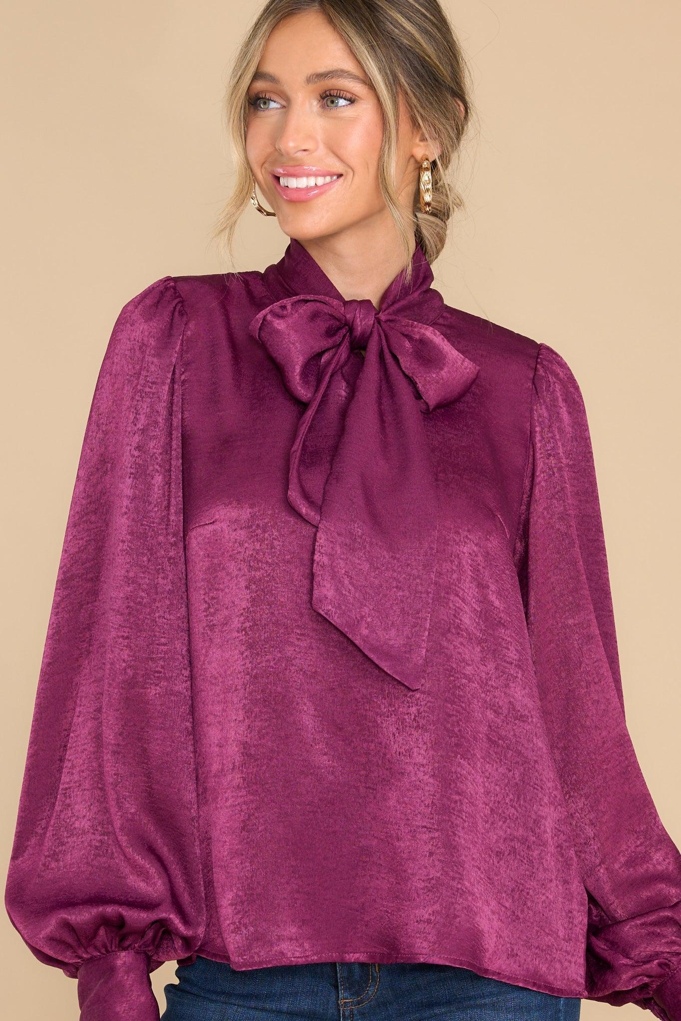 Aura I'm In Charge Dark Purple Tie Neck Top Product Image