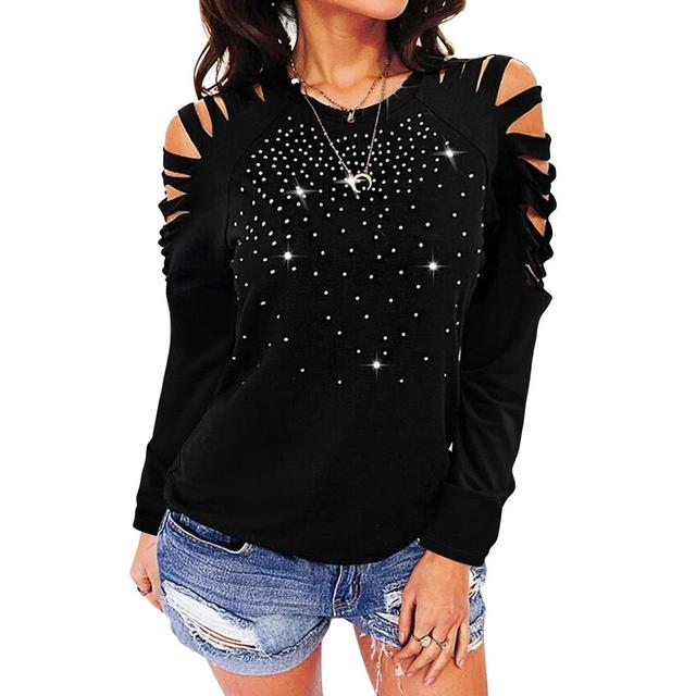 Olivia Mark –  Premium Round Neck T-Shirt with Rhinestone Embellishments, Long Sleeves, and Elegant Shoulder Cut-outs Product Image