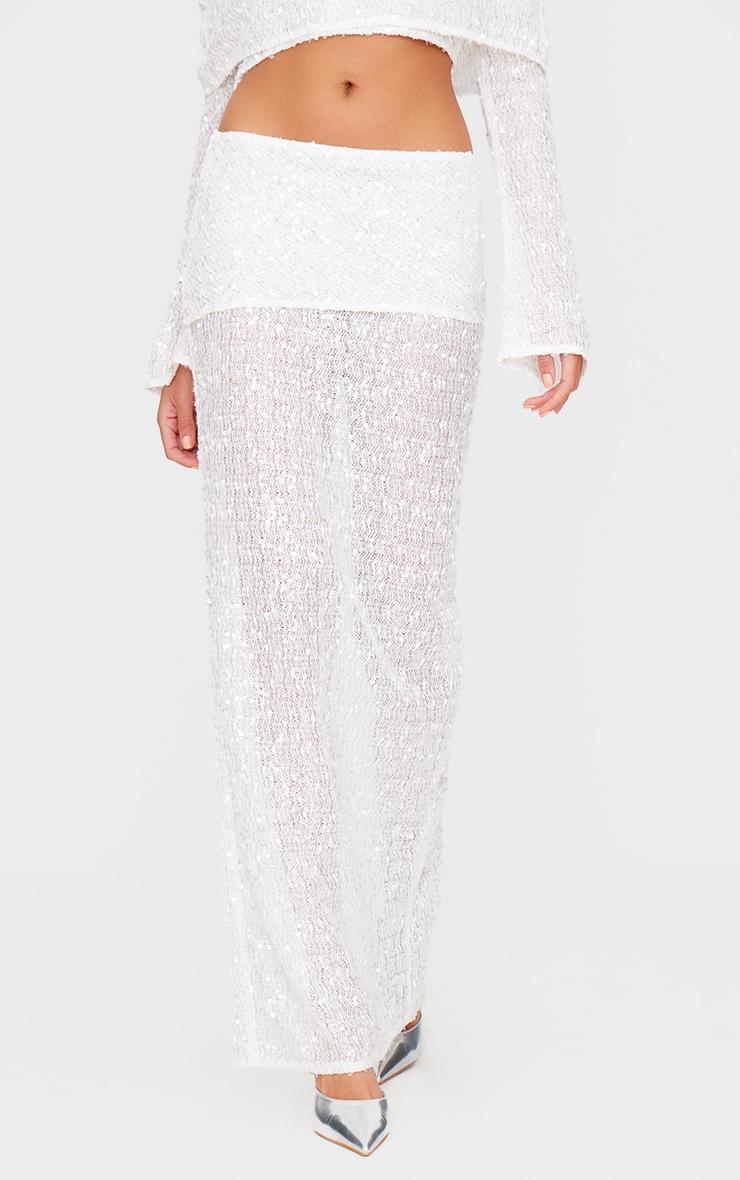 White Textured Sequin Foldover Maxi Skirt Product Image