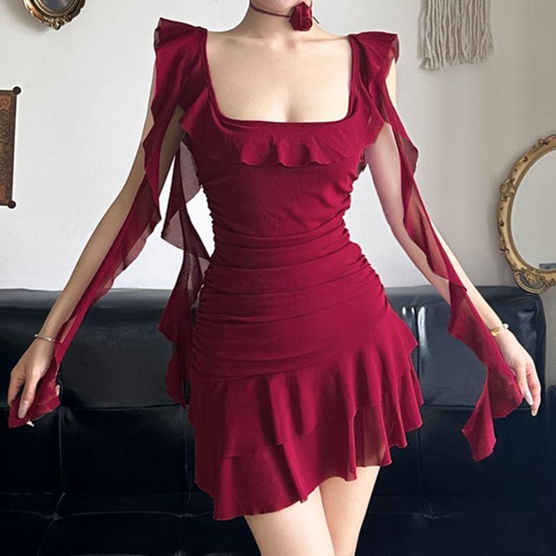 Sleeveless Square Neck Plain Ruffle Asymmetrical Mini A-Line Dress Product Image