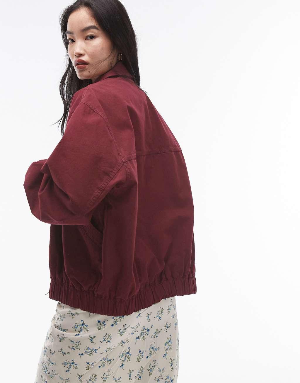 Topshop oversized cotton collar bomber jacket in burgundy Product Image