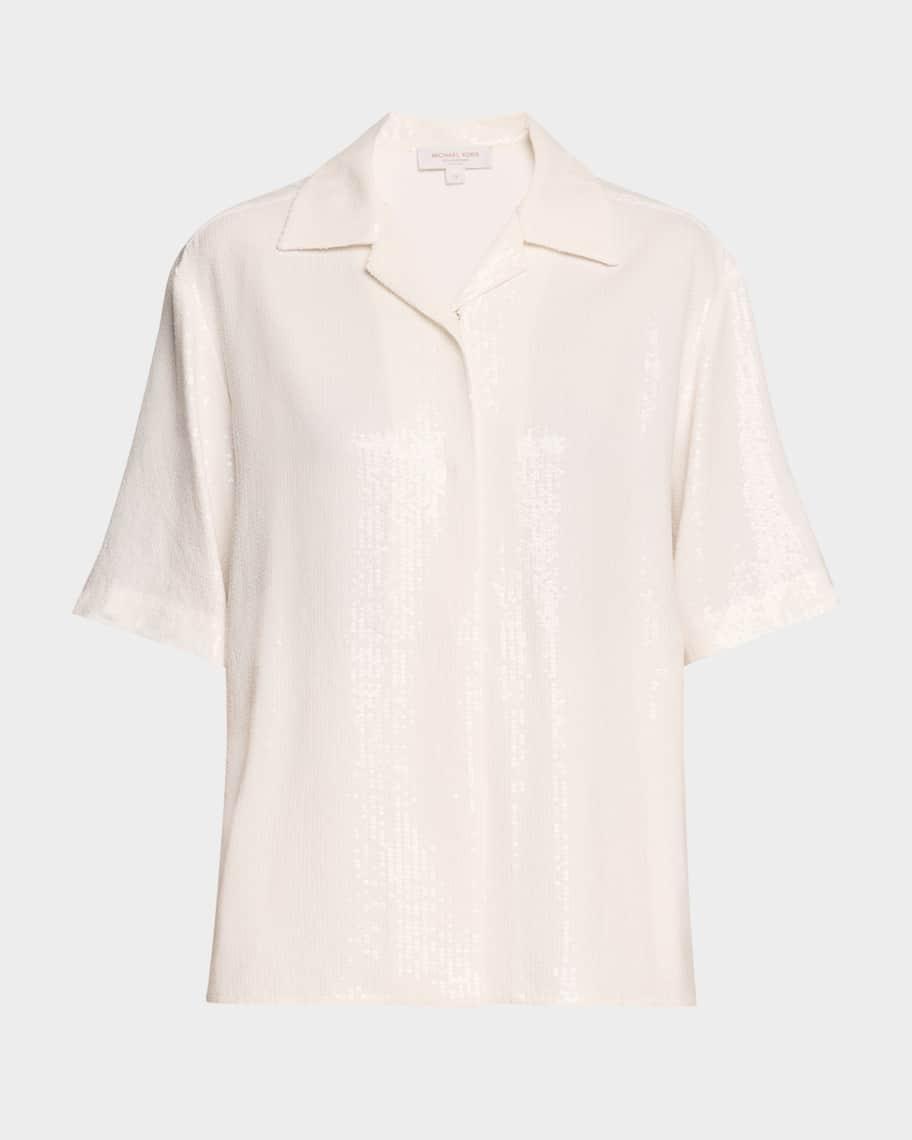 Sequined Short Sleeve Button Up Top Product Image